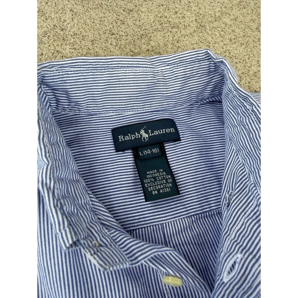 Ralph Lauren Pinstripe Kids L Button Down Shirt - Kids Blue/White Long Sleeve